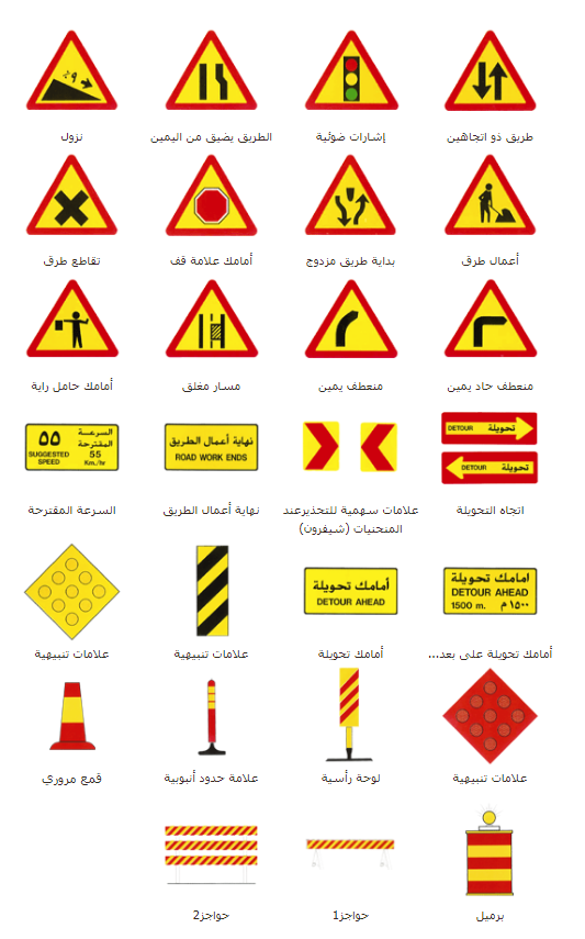 إشارات وعلامات مناطق العمل والمؤقتة